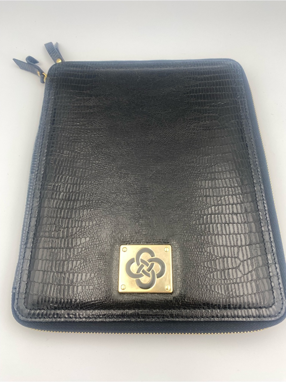 Stella & Dot Black Faux Croc Zip Portfolio with Gold Emblem iPad case